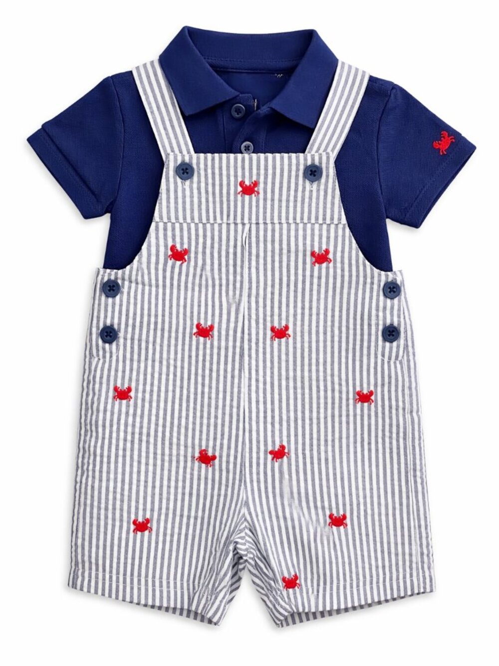 NWT Little Me Baby Boy 2 Piece Romper Set Blue Seersucker Crab Shortall Outfit
